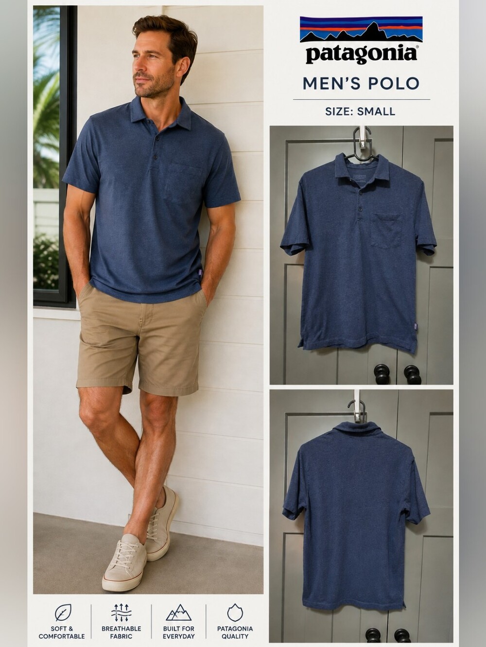 Patagonia Men's Blue Heather Pocket Polo Shirt Size Small